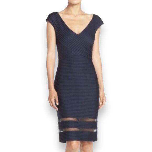Tadashi Shoji Amata Pintuck V-Neck Body Con Knee Length Dress Women's XS Navy - Picture 1 of 10